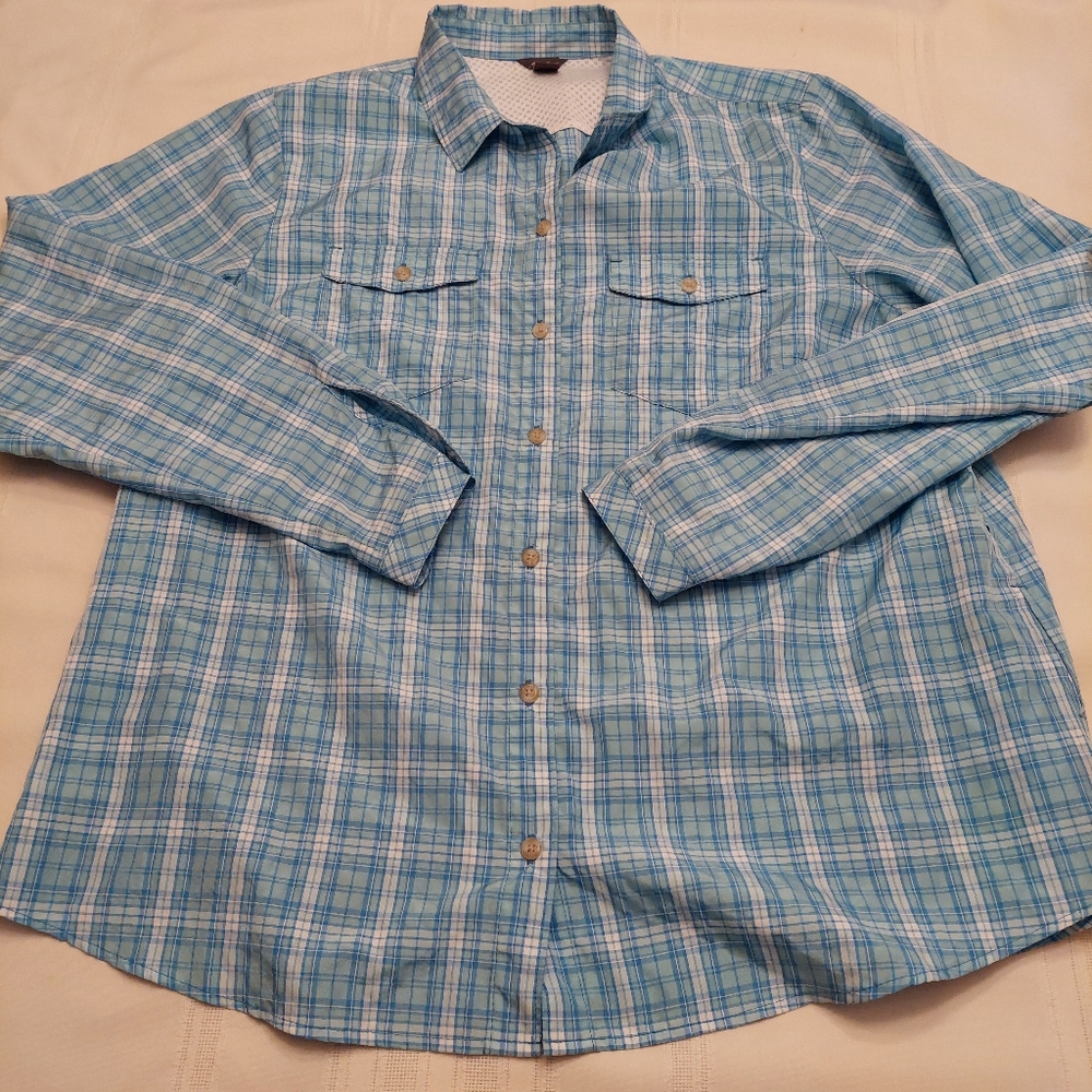 Eddie Bauer blue plaid nylon poly camp hiking long sleeve top. Size 2xl